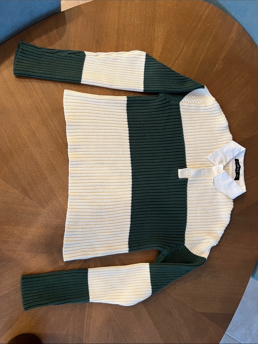 đŠNWOT | LIONESS 100% Cotton Cream & Green L/S Rugby Sweater w/ Collar | Size S - Picture 6 of 8